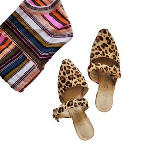Sole Society Pony Hair Fur Leopard Print Buckle Mules